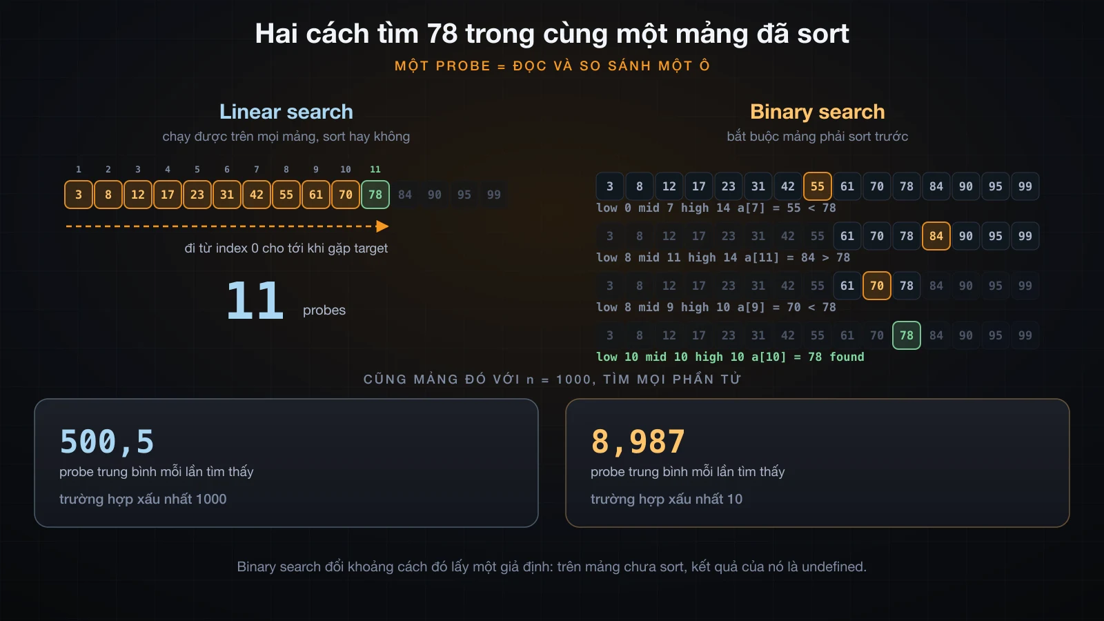 Linear search đi qua từng ô so với binary search chia đôi khoảng, kèm số probe đo thật