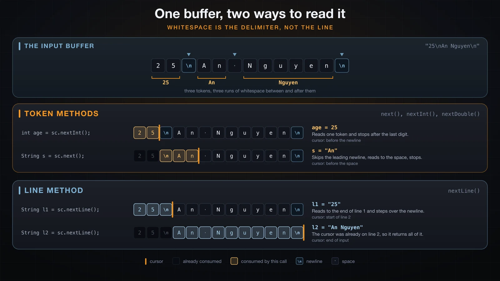 One buffer, two reading modes: token methods versus nextLine