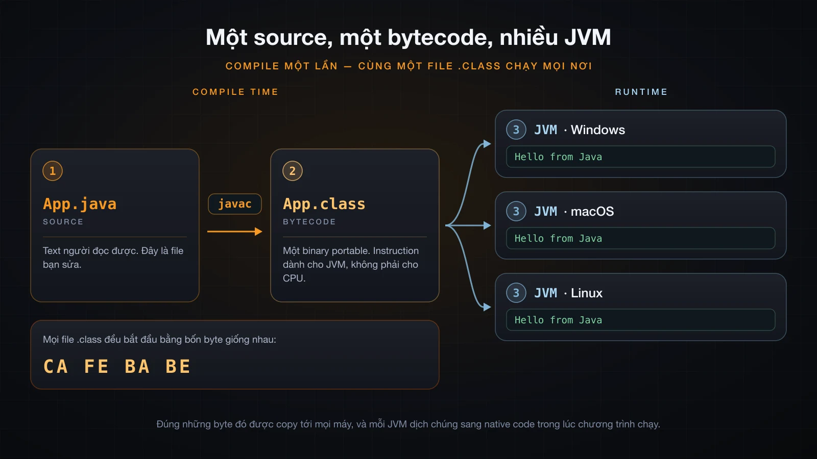 Một file source compile thành một artifact bytecode, và ba JVM khác nhau trên Windows, macOS, Linux đều cho cùng một kết quả