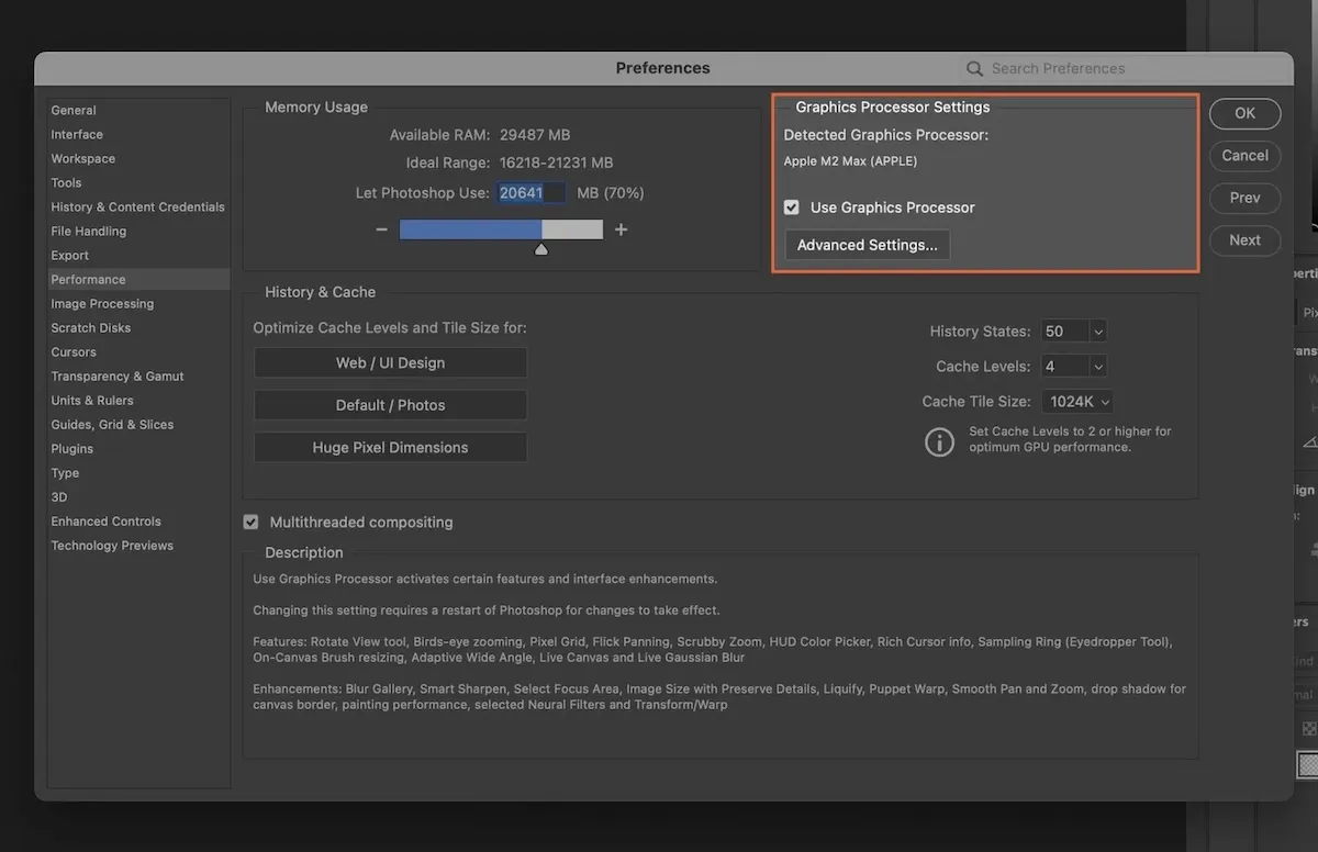 Graphics Processor Settings - Photoshop