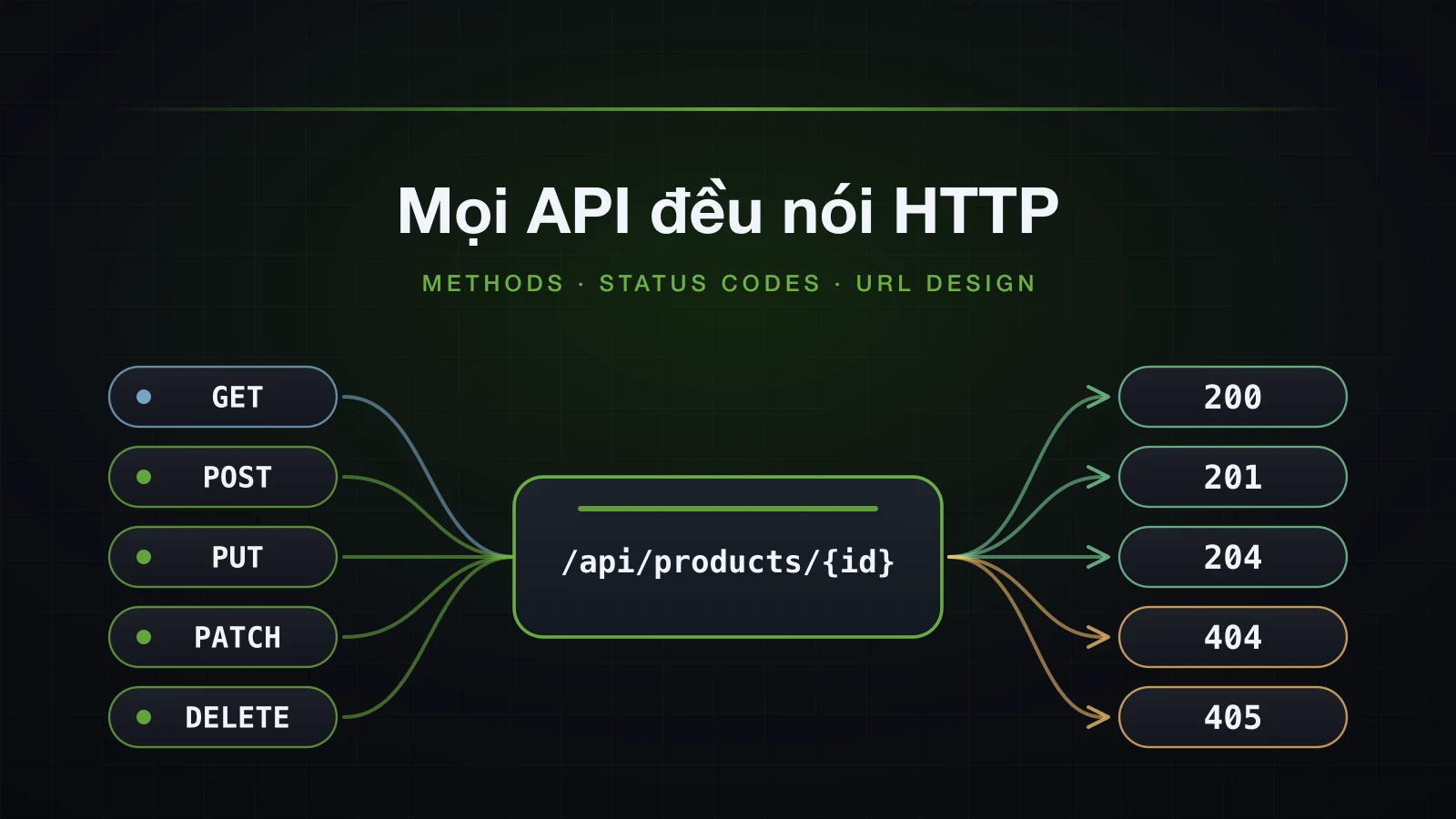 Năm HTTP method tác động lên một URL resource, và resource trả lời bằng status code