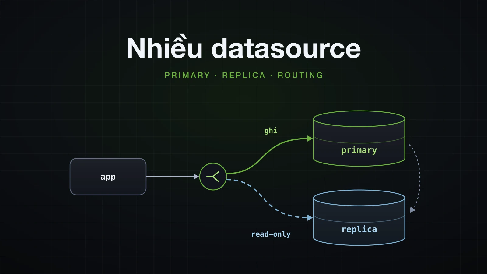 Một application routing lệnh ghi vào database primary và transaction read-only sang replica của nó