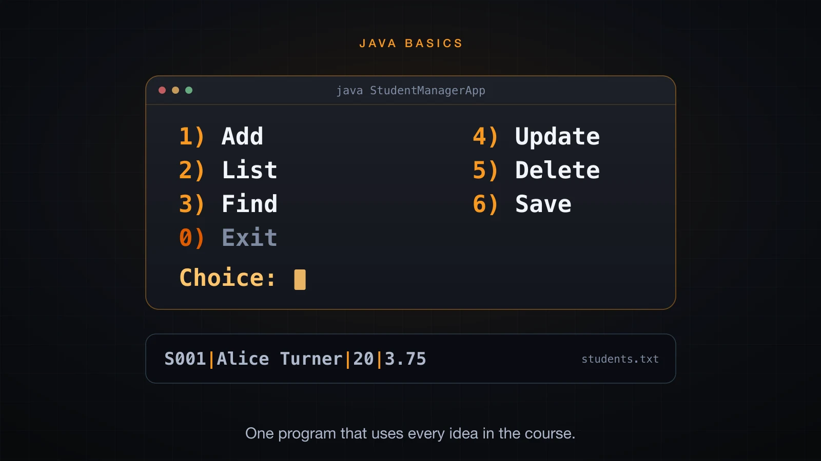 A console student manager: menu, list of students and the text file behind it