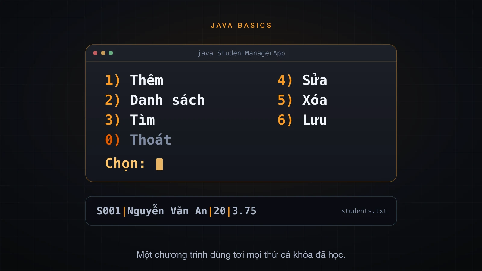 App quản lý sinh viên trên console: menu, danh sách và file text phía sau